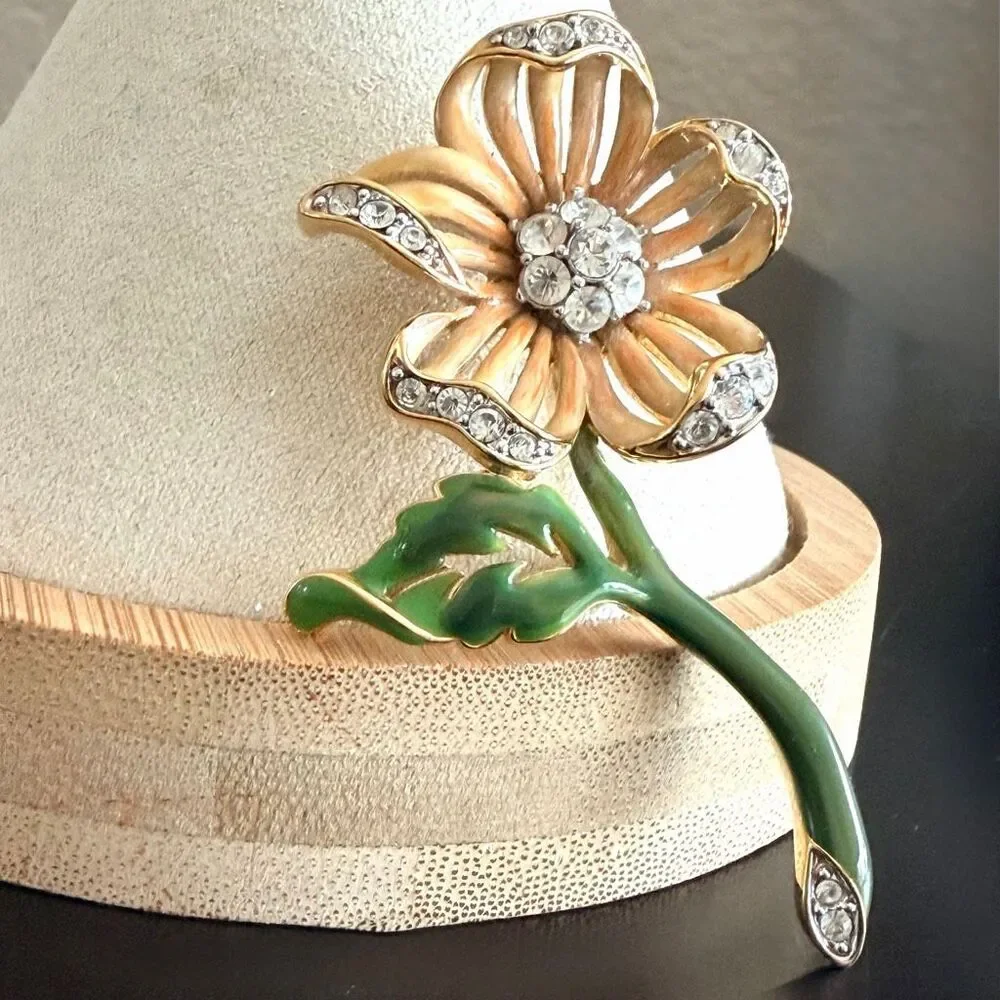 Vintage Nolan Miller Enamel Rhinestone Flower Brooch